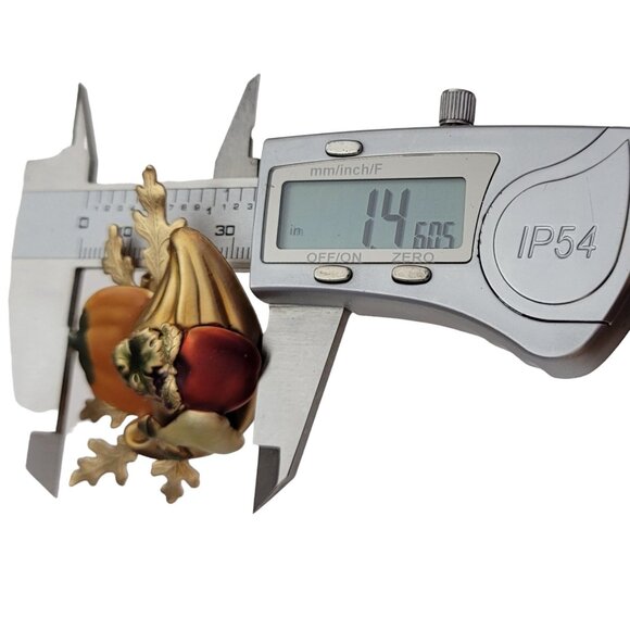 Gold Tone Red Orange Enamel Cornucopia Autumn Pumpkin Leaf Pin Brooch K121 - Picture 8 of 9